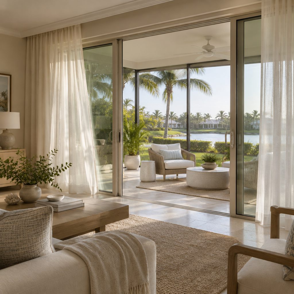 Sliding glass doors opening onto a screened patio in a Boca Raton neighborhood