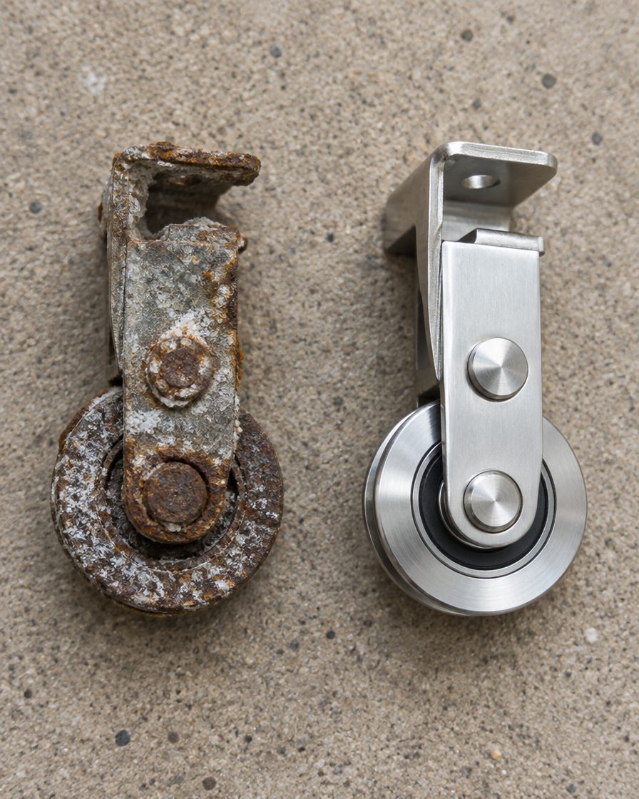 Old corroded sliding door roller next to a new stainless steel replacement roller on a Boca Raton patio